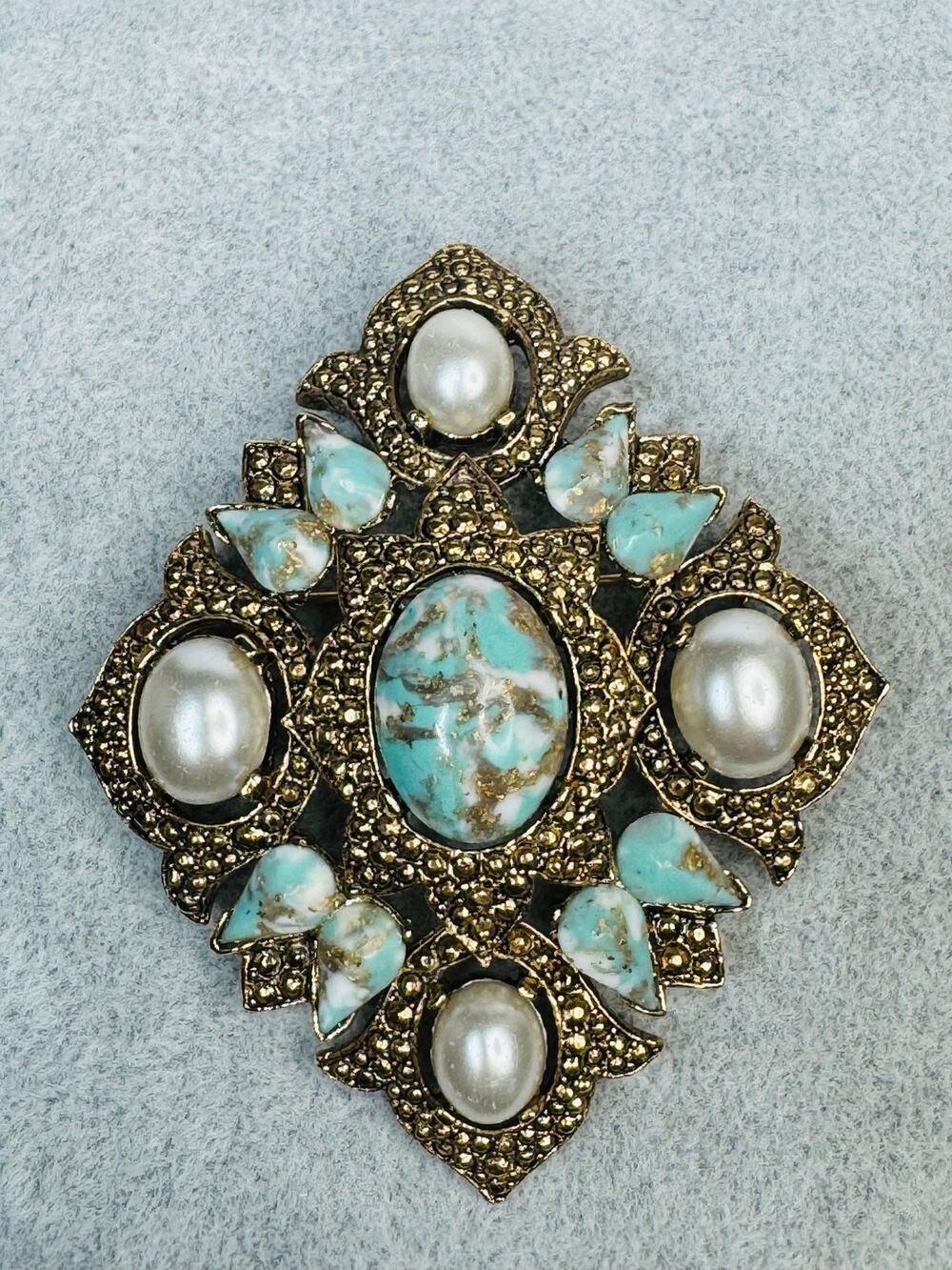 Vintage Sarah Coventry Remembrance Brooch or Pendant Faux Turquoise and Pearls